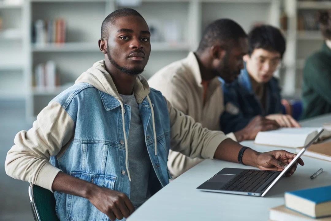 University students studying together in a library